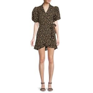 WeWoreWhat Women's Black Yellow Puff Sleeve Floral Wrap Mini Dress Size Medium